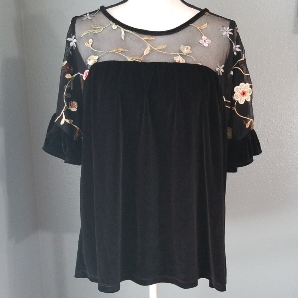 Anthropologie Pleione Black Velvet floral Mesh Blouse - Picture 3 of 8
